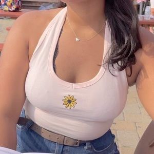 F21 baby pink daisy embroider halter crop top size L women’s